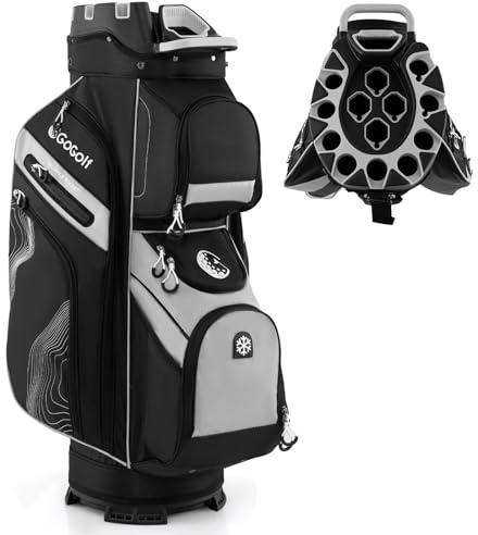 COSTWAY Golf Cart Bag, Molded Lock Top Golf Bag with 14 Way Dividers, Cooler Pocket, 11 Pockets, Padded Strap and Rain Hood, Lightweight Golf Clubs Strorage Bags (Black+Grey)