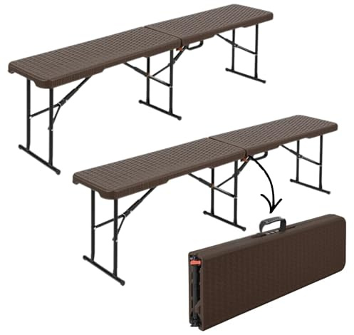 Floordirekt Lot de 2 bancs de bière pliables 8 personnes Aspect rotin 183 cm Banc pliant en plastique Banc de camping Bancs de bière Ensemble de bancs de jardin Noir Kagawa