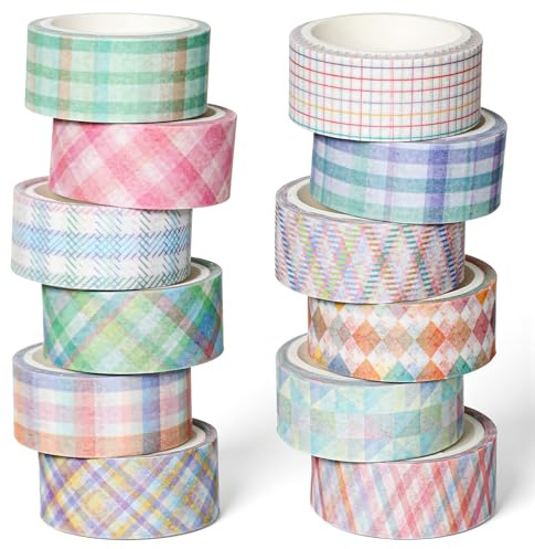 DOPENSPI Juego de 12 Rollo de cinta adhesiva decorativa vintage Washi Tape, 1,5 cm de ancho, diseño a cuadros retro, ideal para álbumes de recortes, periódicos, manualidades y envoltura de regalos