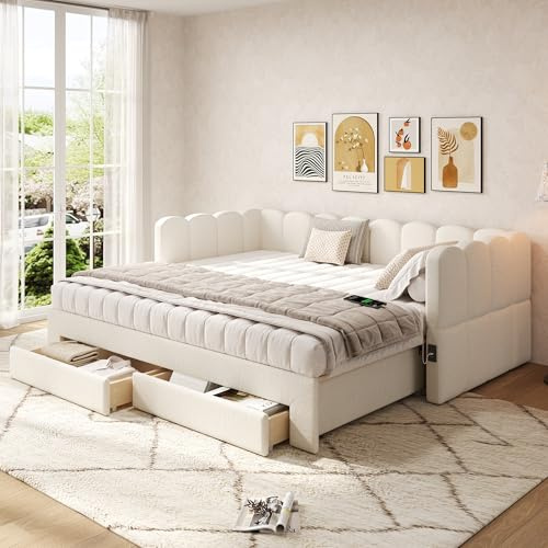 ModernLuxe Upholstered Sofa Bed with 2 Storage Drawers and USB Port, 3FT Single Day Bed Extendable to 180 cm, Pull Out Trundle for Living Room or Bedroom, Beige Linen, 90 x 190 cm