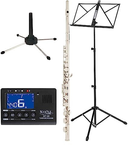 Classic Cantabile FL-100 Querflöte Starter-Set (Tolles Einsteigerinstrument, komplett aus vernickeltem Neusilber, inklusive Notenständer, Stimmgerät mit Metronom, Flötenständer, Etui, Zubehör) Silbern