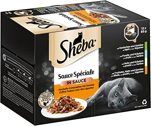 SHEBA Adult & Senior - Katzenfutter nass - 72 x 85g Schalen - Nassfutter für Katzen - Sauce Spéciale Herzhafte Komposition - Großpackung