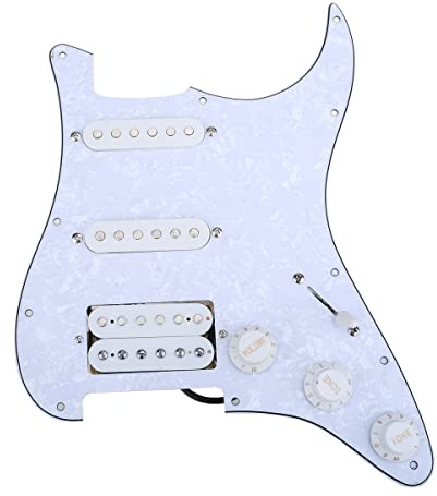 Musiclily 11 Fori HSS Battipenna Precablato Pre-Wired Loaded Strat Pickguard con Pickup Single Coil Humbucker Set per Chitarra Elettrica Fender USA/Mexican Stratocaster Squier, 4 Strati White Pearl