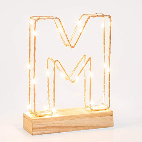 Light Up Letter M | LED Alphabet Wire Frame Letter Lights | Rose Gold Copper Initials | Personalised Lighting | Battery Powered | Office Living Room Bedroom
