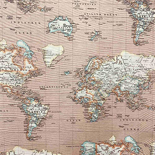 Kt KILOtela - Tela Loneta Estampada, Decoración, Tapizar, Cojines, Cortinas, Colchas, Bolsos, Manteles, Manualidades, 100 cm Largo x 280 cm Ancho, Mapamundi, Marrón ─ 1 Metro