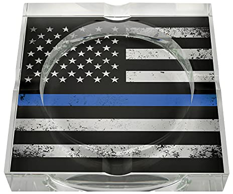 Humidor Supreme Blue Line Series Crystal Cigar Ashtray, Honoring The Police Force, Blue Line PD