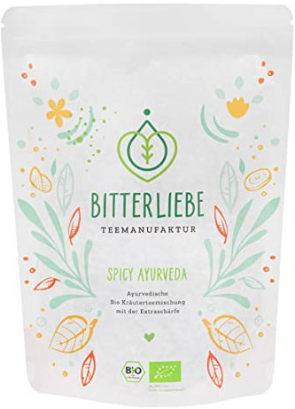 BitterLiebe® Teemanufaktur Spicy Ayurveda Bio Kräutertee lose mit der Kraft der Bitterstoffe I Bitterkräuter, Gewürztee, Zitronengras, uvm. (180g)