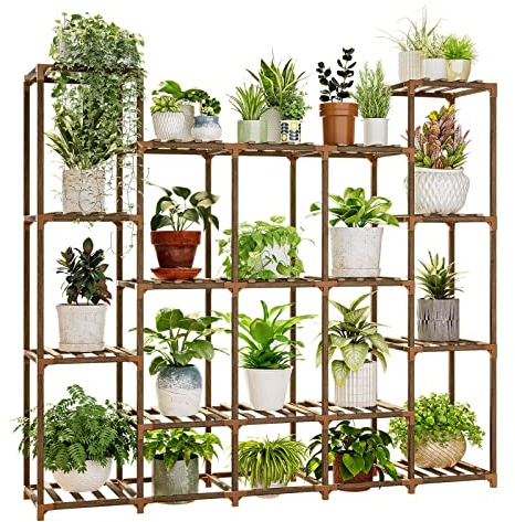 Bamworld Large Plant Stand - Indoor/Outdoor Tall Wood Plant Holder for Living Room, Patio, Balcony & Garden - 17 Pots