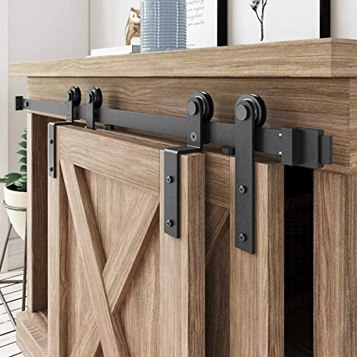 FREDBECK 6 FT Mini Cabinet Bypass Barn Door Hardware Kit Single Track 72inch Small Sliding Barn Doors Track Kit for Double Doors Storage Closet Window TV Stand Wardrobe (No Cabinet)