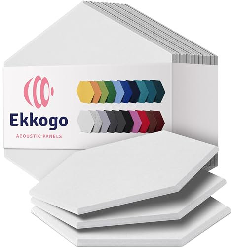 Ekkogo Acoustic Panels - 12-Pack Soundproof Wall Panels, 12X10.4X0.4, High Density Sound Dampening - White Hexagon