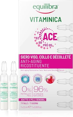 Equilibra, Siero Viso, Collo e Décolleté Anti-aging Ricostituente, con Complesso Multivitaminico, Ceramidi Vegetali e Fitosfingosine, Azione Anti-aging Ricostituente, 7x2,5 ml