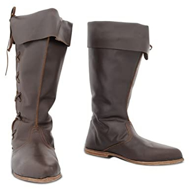 GATURA Vintage Uomo Cavalieri stivale Medievale Punta Piatta Tacco Medio Coscia stivale Finta Pelle PU Vichingo Cavaliere Pirata Allacciare Cowboy Occidentale, 38-48, Marrone, 45