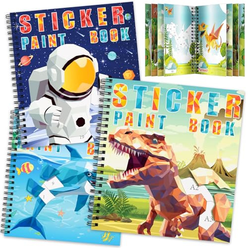 TCJJ Lot De 3 Livres D'Autocollants Dinosaures Pour Enfants De 3 à 8 Ans, 30 Images Livre D'Autocollants Par NuméRo, Livre D'Autocollants Pour Enfants Pour AméLiorer L'Intelligence, Cadeaux De NoëL