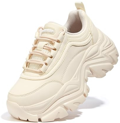 LUCKY STEP Chunky Turnschuhe für Damen, modische Plateau-Lässige Schuhe, Bequeme Keilabsatz Sneaker (Beige, 8.5US-39EU-6UK)