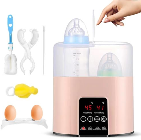 Bizcasa 4 in 1 Flaschenwärmer, Baby Fläschchenwärmer für babyflaschen, Baby Sterilisator für babyflaschen Babykostwärmer Schnelle Erwärmung Auftauen und Warmhalten mit LCD-Display (Rosa)