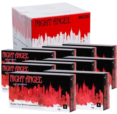 Adenna Night Angel Disposable Nitrile Gloves – 4 Mil, Powder Free Rubber Glove for Tattoo & Medical Use, Latex-Free, Tactile Sensitivity with Textured Grip, Case of 1000, Large, Black