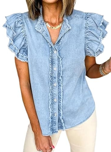 Chvity Women's Button Down Denim Tops V Neck Ruffled Flutter Sleeve Blouse Casual Loose Summer Jean Blouses Shirt