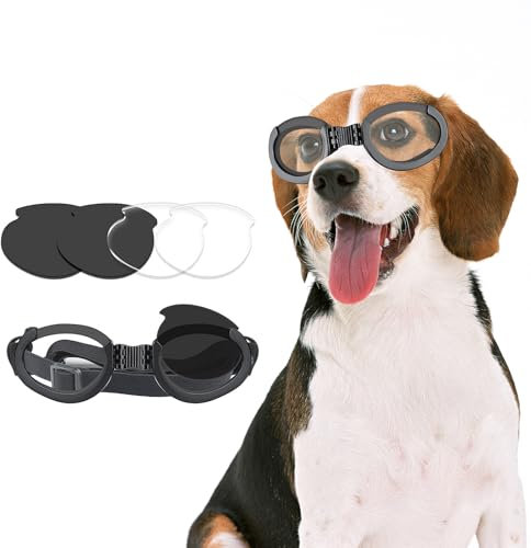 NAMSAN Hundebrille Hunde Motorradbrille Hundesonnenbrille mit Austauschbaren Gläsern (Schwarz +Klar) Augenschutzbrille für Hunde