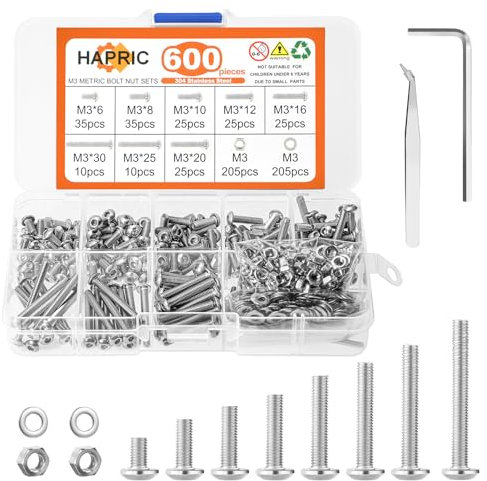 600 Stück Gewindeschrauben Set, M3 Schrauben Set mit Aufbewahrungsbox Pinzette Maschinenschrauben Sechskantschrauben Set für Haushaltsgeräte Industriemaschinen Bauwesen