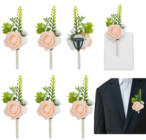 DELORIGIN 6pcs Flower Wedding Boutonniere Pocket Corsage for Men with 6 Plastic Sleeve, Handmade Pink Boutonniere Men Corsage for Wedding Groom Groomsmen Anniversary Ceremony Party Prom