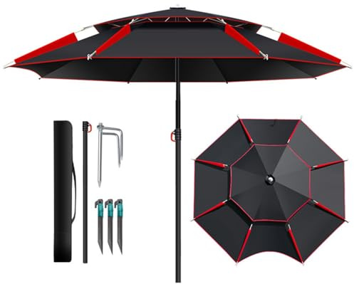 Sombrilla de pesca Exterior Sombrilla de Playa portátil, Parasol Jardín de inclinable Rotación De 360° Protección UV Paraguas, para Junto a la Piscina Cámping(Black red,ø260cm)