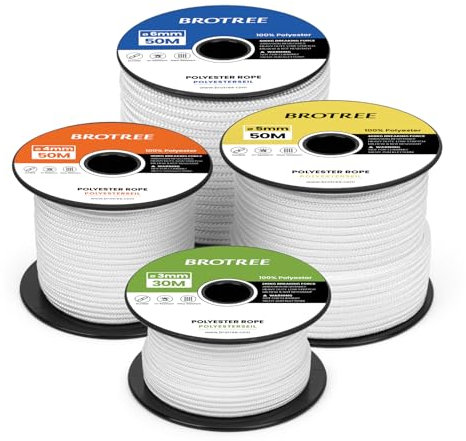 Brotree Braided Polyester Rope 3mm x 30m White - Low Stretch Braided Polyester Cord for Marine, Boat, Mooring, Flagpole Halyard - 200KG Breaking Load