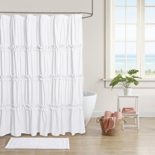BRHF Farmhouse Ruffle Shower Curtain with Handmade Ruched, Vintage Ruffled Fabric Bathroom Curtains, Decorative Elegant Bathroom Curtain with 12 Holes, White, 72 W x 72 H(N60049)