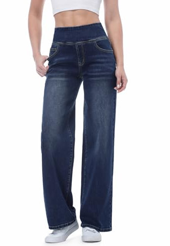 Chasehot Baggy Jeans Damen,Pull On Wide Leg Jeans Mit Gummibund High Waist Stretch,Weites Bein Jeans Damen Mit 4 Taschen Jeanshose zum Anziehen,Dunkles Indigo-L,31