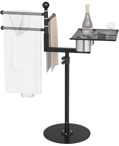 2-in-1 Pool Towel Rack Outdoor, Adjustable Height Poolside/Hot Tub Side Towel Rack Combine 360°Rotating 3-Bar & Tabletop, Space-Saving Freestanding Towel Holder for Poolside, Hot Tub, Patio Area