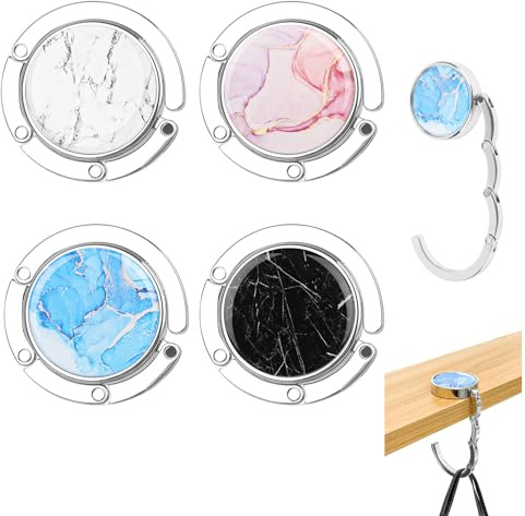 UTOCLEC 4 Stück Taschenhalter für Tisch, Tisch Handtaschenhalter Haken, Antirutsch Faltbare Handtaschenhalter, Runder Taschenhaken mit Marmor-Optik, Aufhänger Bis 5 Kg