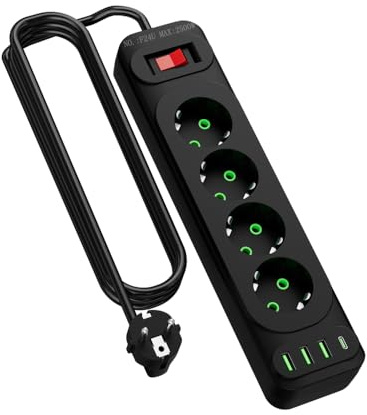 8-i-1 grenuttag 4 EU-uttag och 4 USB-portar 10 A 2 500 W | med 2 m kabel och strömbrytare 3 USB-A & 1 USB-C 5V-2.1A, 10A 2500 W – perfekt för kök, badrum och sovsal