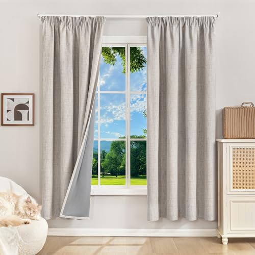 Runyéla 100 % mörkläggningsgardiner, termiska gardiner, köldskydd, gardiner med veckband, 180 x 120 cm (H x B), set om 2, linneutseende, gardiner, ogenomskinliga, gråvita, skjutgardiner, vardagsrum