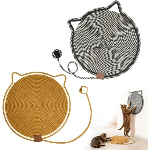 Weciau Cat Scratcher Mat, 2 Pcs 16.5’‘ Cotton Rope Cat Scratch Pad, Round Horizontal Cats Scratching Mat with Ball Tail and Ear, Anti Cats Scratch Furniture Protector for Floor, Couch, Carpet, Sofa