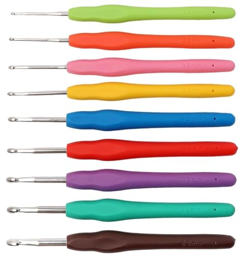Crochet Hooks Set 9 Sizes 2mm-6mm, Multicoloured Aluminium Crochet Needles with Soft Ergonomic Non-Slip Rubber Grips for Beginners Arthritic Hands