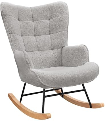 ADWOLT Mecedora, mecedora, sillón de lactancia, silla de relax, sillón acolchado, sillón de salón, silla de lectura con patines de madera, reposabrazos para salón, dormitorio, habitación de bebé, gris