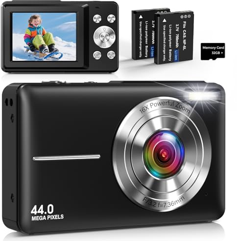 Cámara Digital Compacta Cámara de Fotos Digital 44MP 1080P con Pantalla IPS de 2,4”, Zoom Digital 16X, Antivibración, Tarjeta 32GB, 2 Baterías para Adolescentes Niños, Niñas Negro