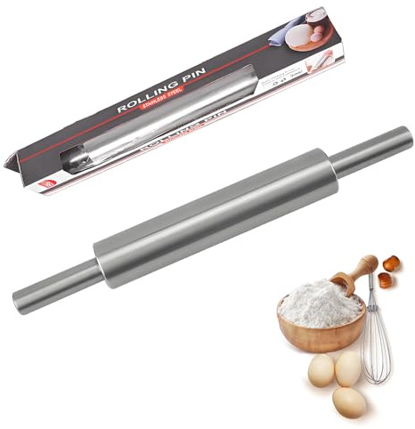Brödkavel rostfritt stål, non-stick kavel rostfritt stål, 43 cm roterande degröra med handtag, sömlös rak derulle, baktillbehör rullstift för pizza fondant tårta jästdeg deg deg