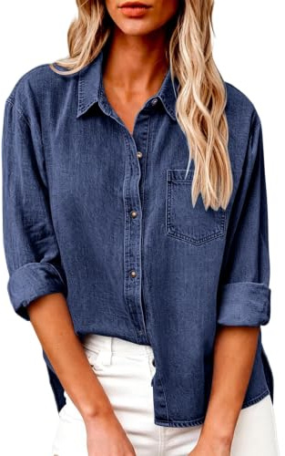 Damskjorta i denim med knäppning V-ringad ficka lös passform lediga blusar mjukt denimtyg med knappar framtill