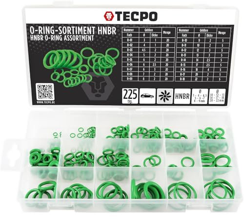 TECPO O Ring Sortiment HNBR 225-teilig Ø3 - Ø 22 mm Hochleistungsdichtung verbesserter NBR Dichtungsringe Set Beständig gegen Säure, Kraftstoff, Öl, Kältemittel und Temperatur -40 °C bis +150 °C