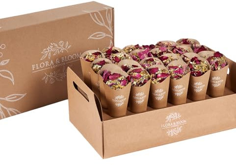 Flora & Bloom Biodegradable Confetti With Pre Built Cones | Dried Flowers (3 Litres) | Wedding Confetti Kit | Pop Open Cones & Tray |Jasmine, Lavender & Rose Petals | Wedding Decorations (24 Guests)