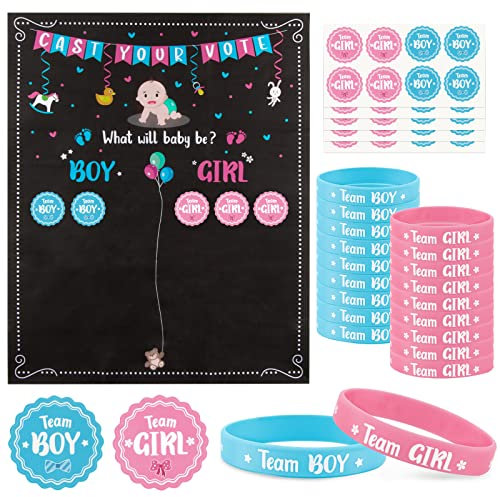 Tableau Gender Reveal Révélation du Genre + 40PCS Autocollants Team Girl et Boy + 20PCS Bracelets en Silicone Team Girl et Boy Genre Révèle pour Décoration Party Baby Shower Fête Prénatale Baptême
