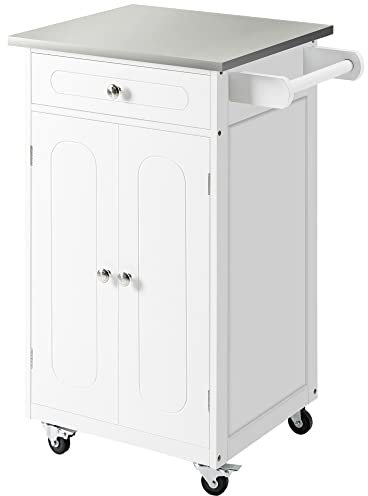 HOMCOM Carro de servicio de cocina con ruedas, multialmacenamiento, 1 cajón armario 2 puertas con estante para paños de cocina, MDF, color blanco