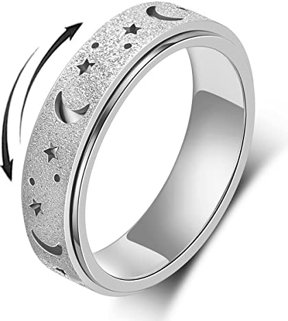 AmorArtSky Spinner Ring for Anxiety Relief Fidget:Anxiety Ring for Women Men,Titanium Stainless Steel Spinner Ring,5 Colors,6MM,Fidget Ring,Moon Star,Hollow Outer-Silver