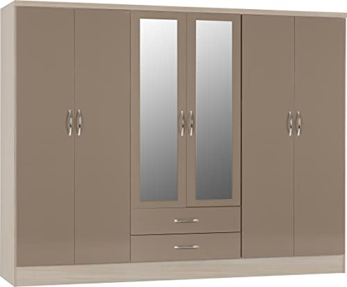 Seconique Nevada 6 Door 2 Drawer Wardrobe in Oyster Gloss/Light Oak Effect Veneer