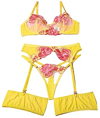 Aranmei Ensemble de Lingerie 4 pièces pour Femme avec Dentelle Florale brodée et Soutien-Gorge à Armatures avec String et Porte-Jarretelles, Jaune, XL