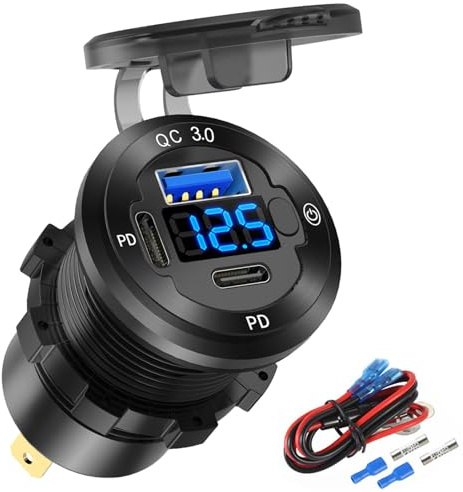 Presa di corrente per auto USB C 12V caricatore rapido marino a 3 porte, sostituzione impermeabile dell'uscita USB per sigaretta in alluminio con interruttore voltmetro, adatto per auto barca moto