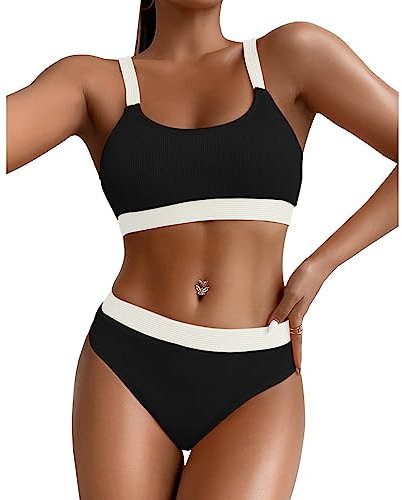FDEETY Traje de Baño Mujer Braga Alta Halter Bikini Push Up con Relleno Cuello U Trajes de Baño Dos Piezas Biquini Mujer Vientre Plano Bañadores Natacion Deportivo Bikini Brasileño(Blanco y Negro/XL)