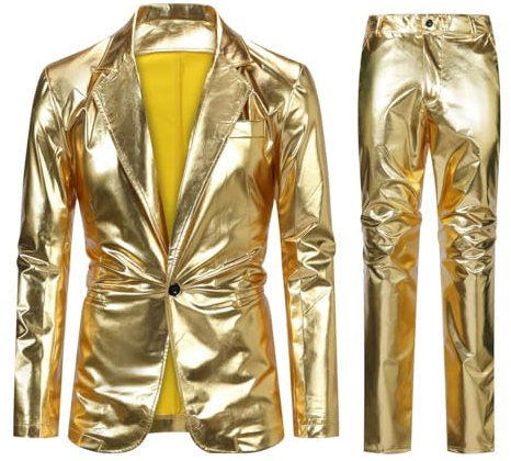 Allthemen Herren Smoking 2 Teilig Slim Fit Kostüm Anzug Hochzeitanzug Jacke Hose für Party Disco Gold L