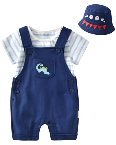Volunboy Completi Estivi Bambino, Unisex Set di 3 Maglietta a Maniche Corte e Salopette Dinosauro con Cappelli Carino Abito Neonato Tuta(Dinosuari Blu,6-9 mesi,Taglia 66)