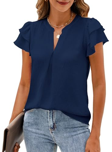 SimpleFun Navy Blue Blouses for Women Dressy Casual Ruffle Short Sleeve V Neck Summer Business Tops Under Blazer M